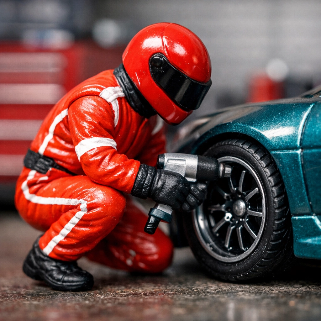 1:64 scale race crew figure in a red suit working on a teal diecast sports car in a garage diorama.