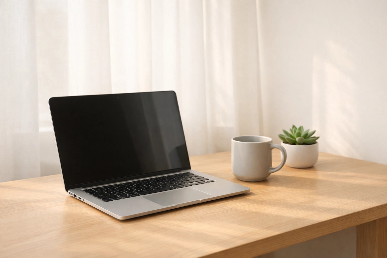 Minimalist laptop on a desk representing efficient, automated hotel management software.