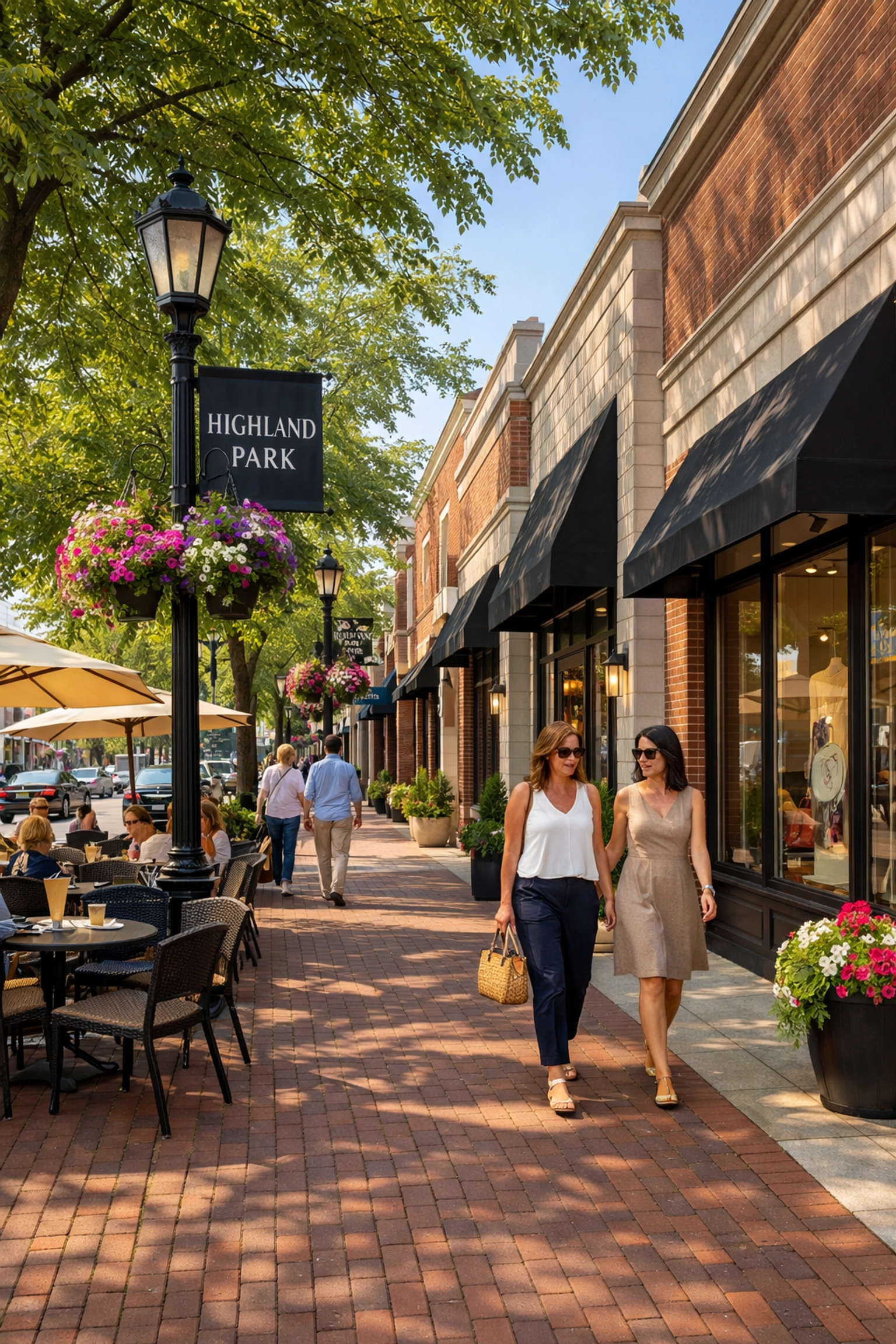 Upscale downtown Highland Park shopping district with brick storefronts and tree-lined sidewalks.