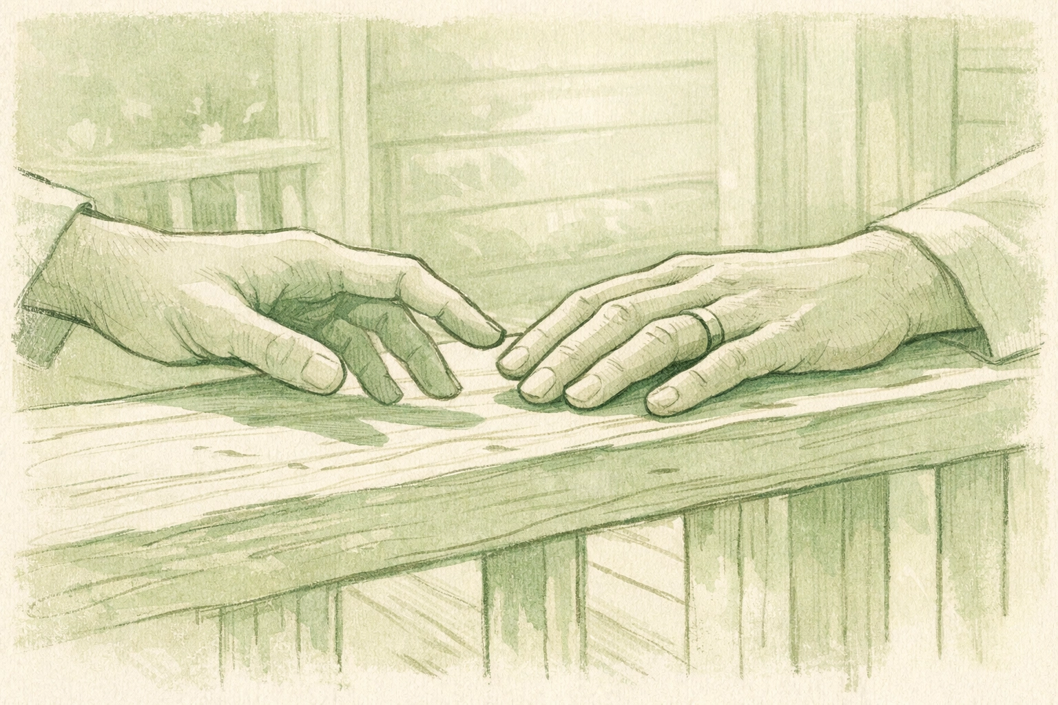 MM romance closeted love symbolized by two men's hands nearly touching on porch