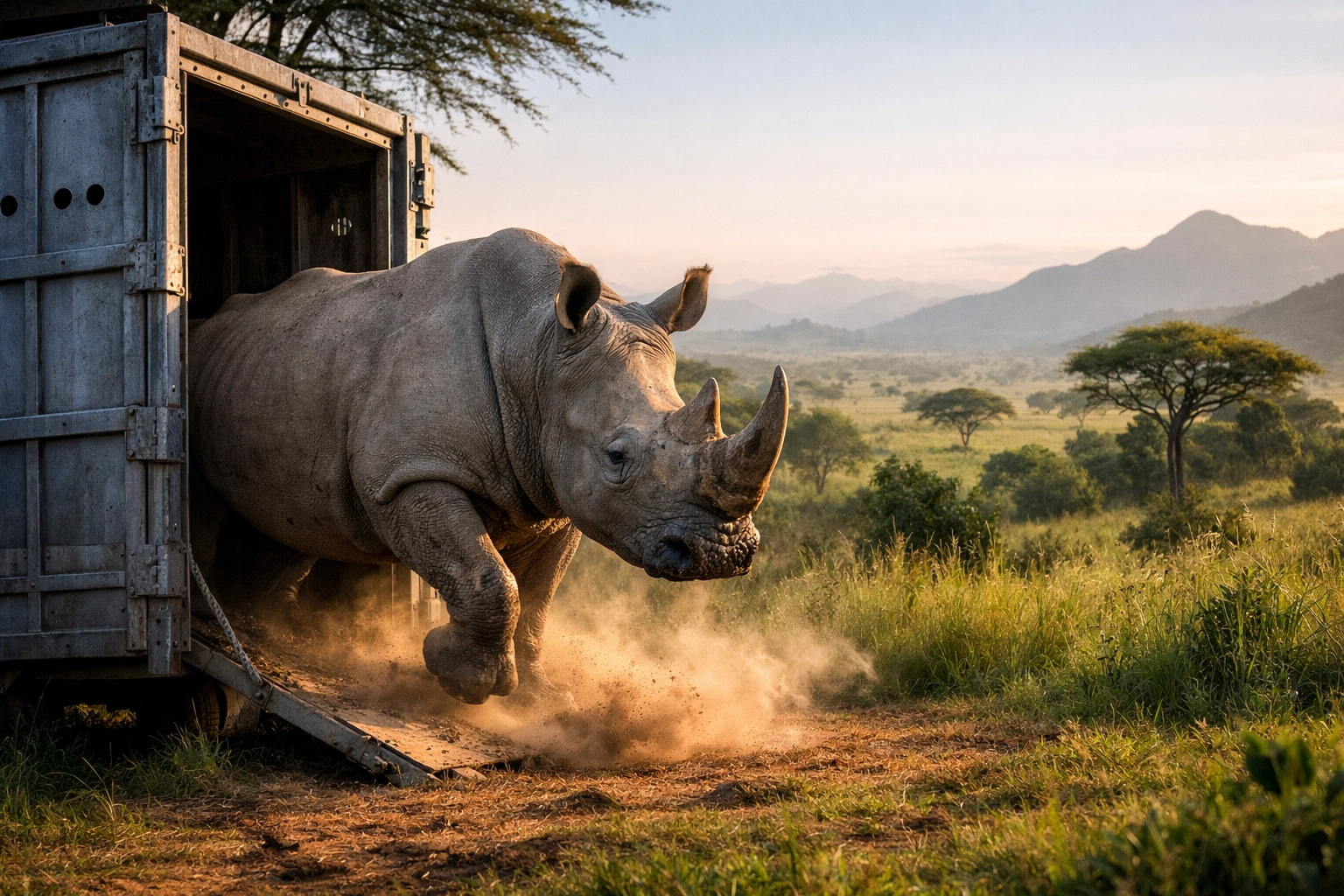 A Southern White Rhino steps out of a transport crate into the lush Narus Valley in Uganda.
