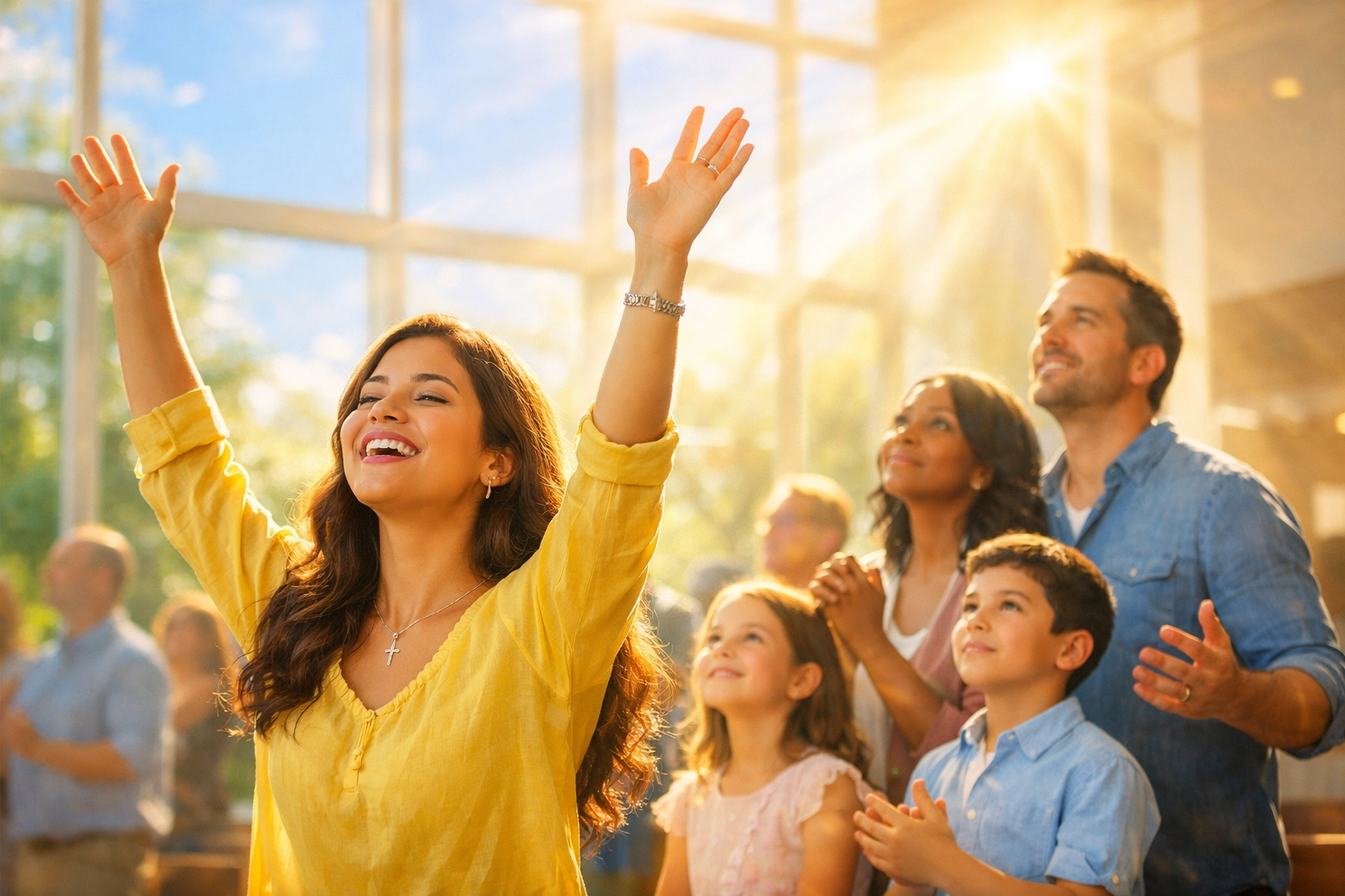 Christian family and woman worshipping in a modern church, representing God’s present-day miracles and love.