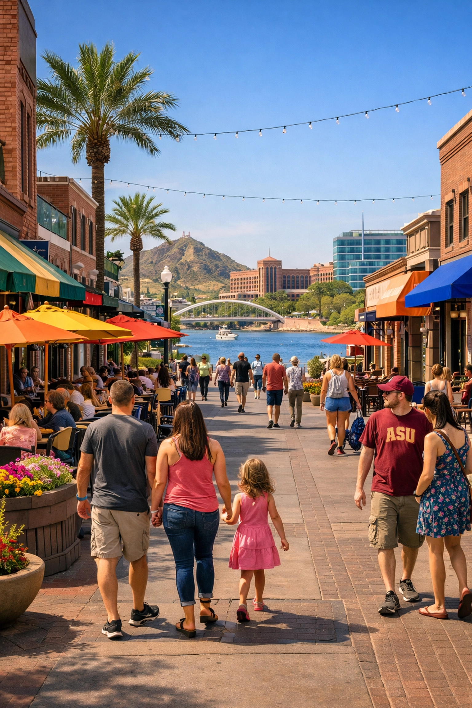 Mill Avenue downtown Tempe with restaurants and families enjoying spring afternoon Mill Avenue downtown Tempe with restaurants and families enjoying spring afternoon