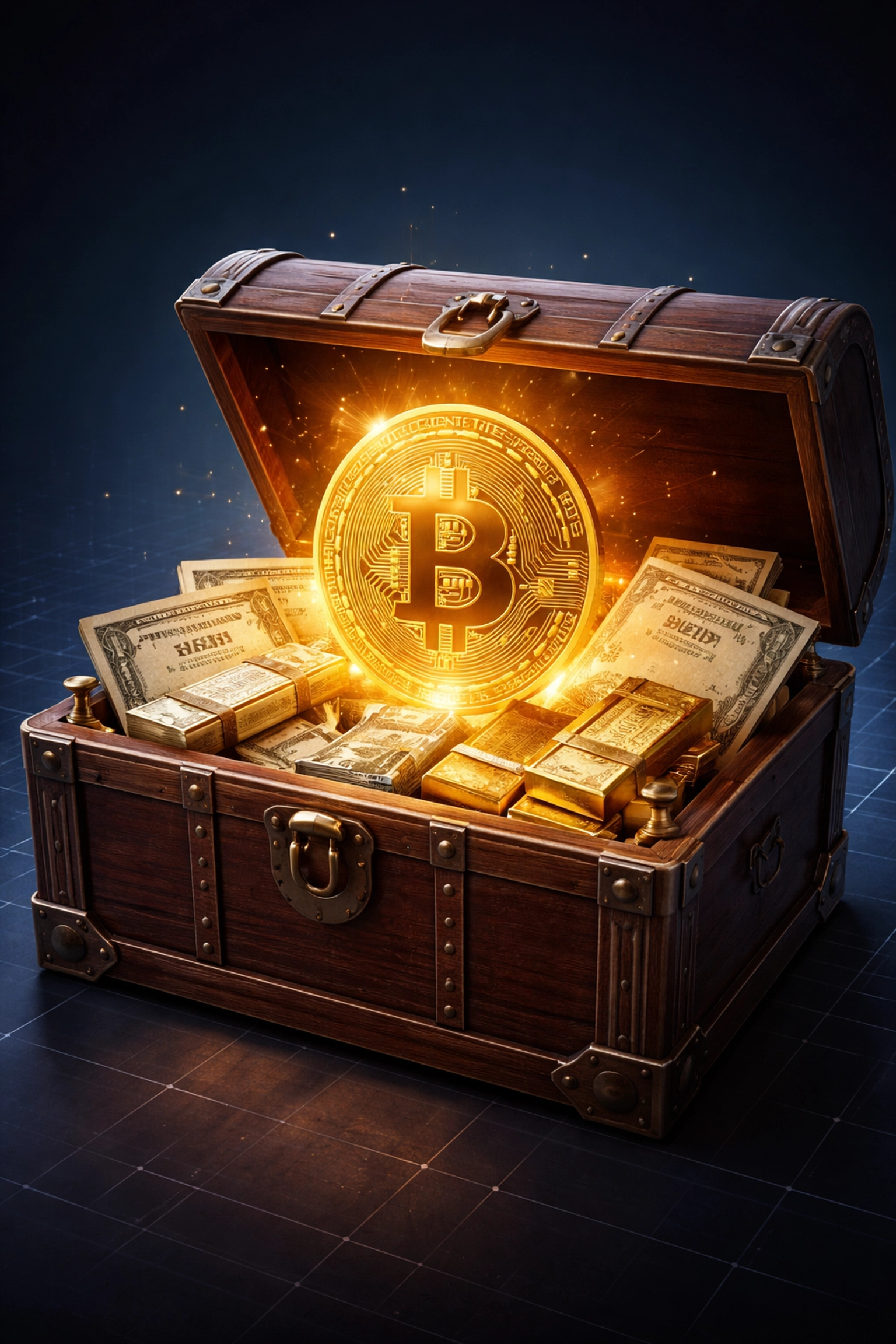 A golden Bitcoin coin emerging from a treasure chest alongside traditional assets, symbolizing diversification in an 80/20 portfolio.