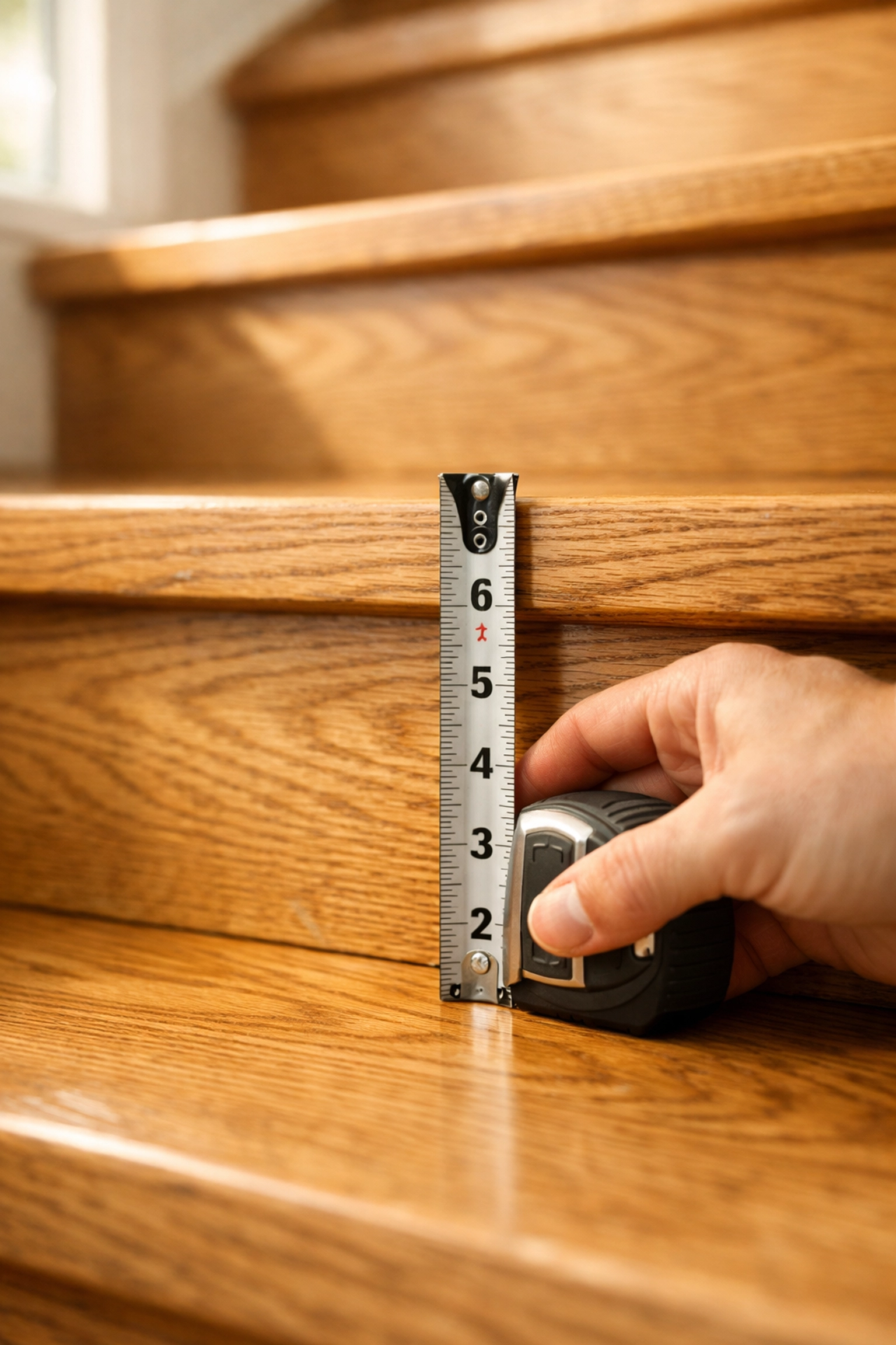 Measuring the height of a wooden stair riser with a tape measure to ensure safety and uniformity.