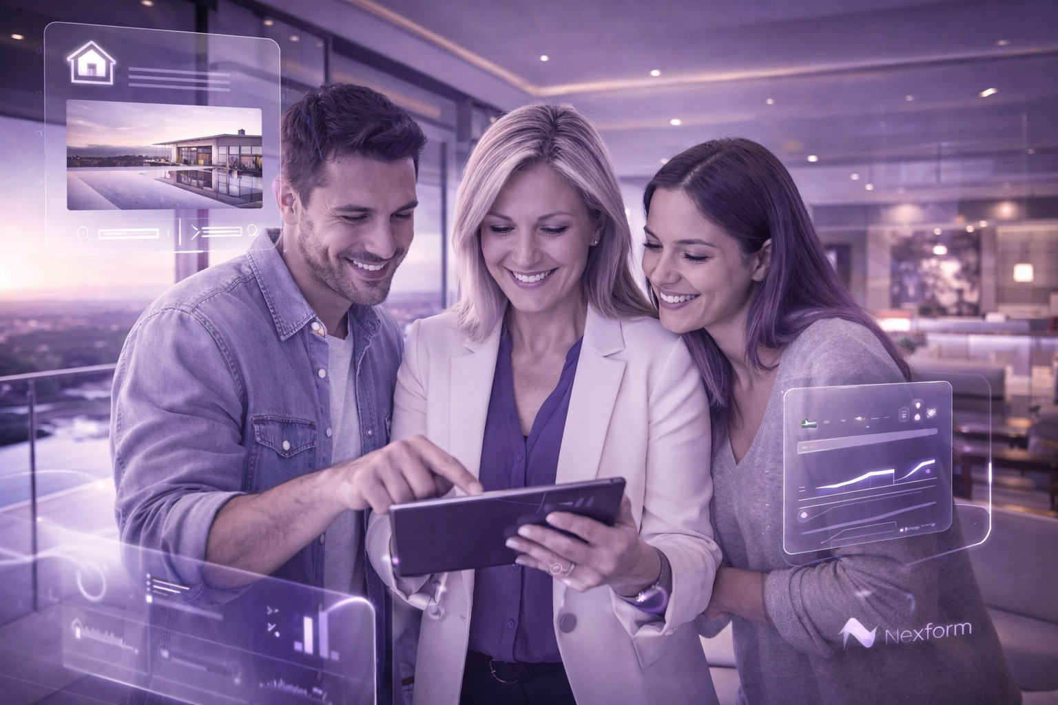 Real estate agent showing property details to a young couple in a luxury modern home.