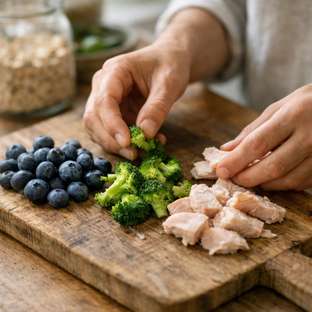 Hands preparing a functional dog meal with cancer-fighting superfoods like blueberries and fresh turkey.