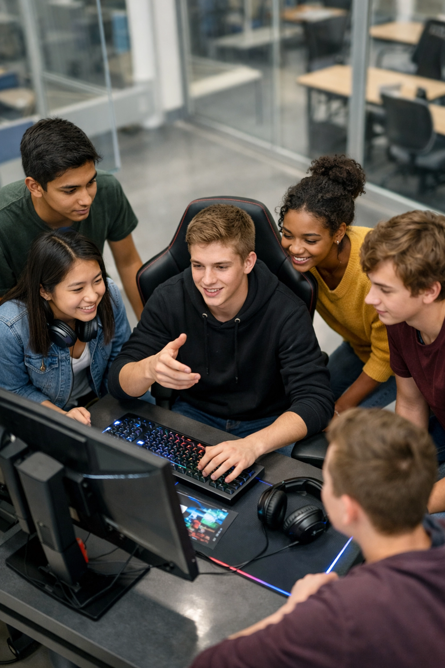 High school students using a Dakdan Worldwide esports pod for creative production and educational growth.