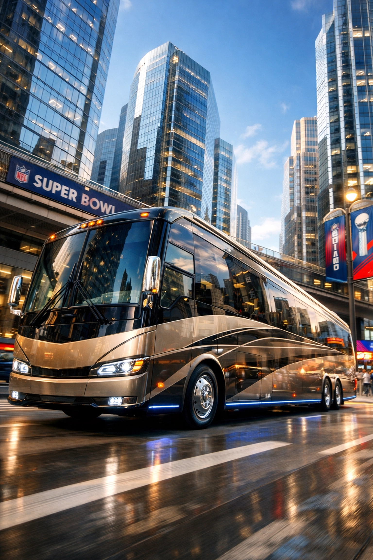 Branded luxury hospitality coach navigating a modern city center to enhance corporate brand visibility.