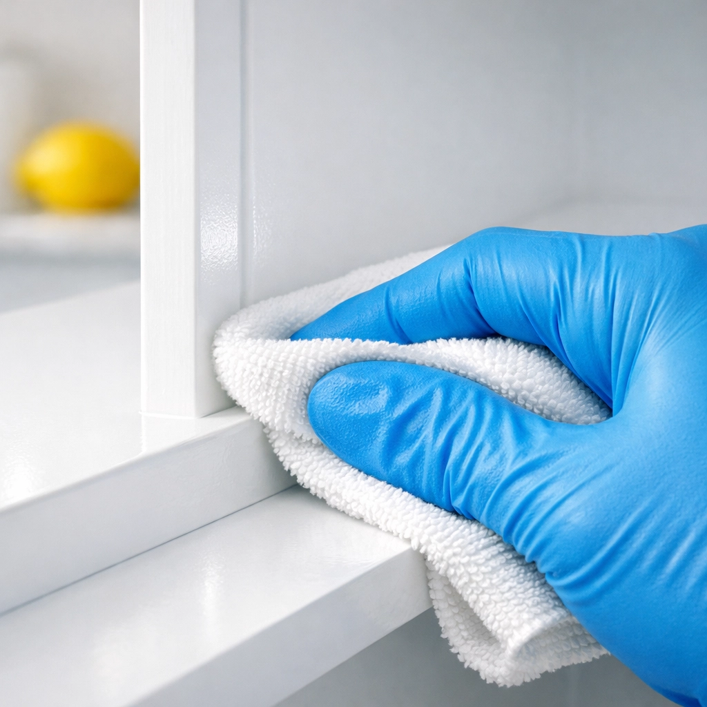 Professional cleaner wiping out white kitchen cabinets for a move-out cleaning service in Natick.
