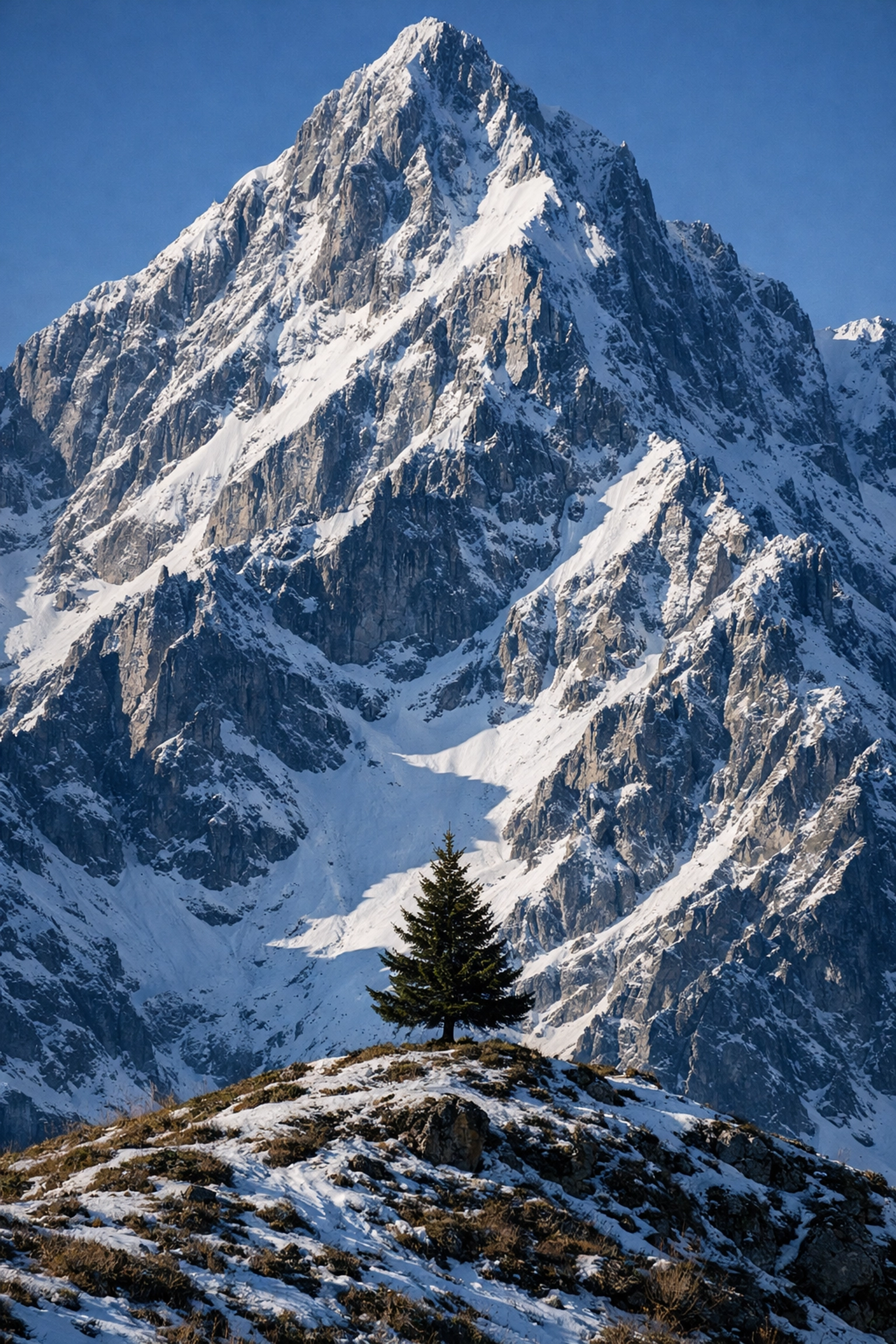 Telephoto lens compression makes a mountain peak tower over a pine tree in landscape photography.