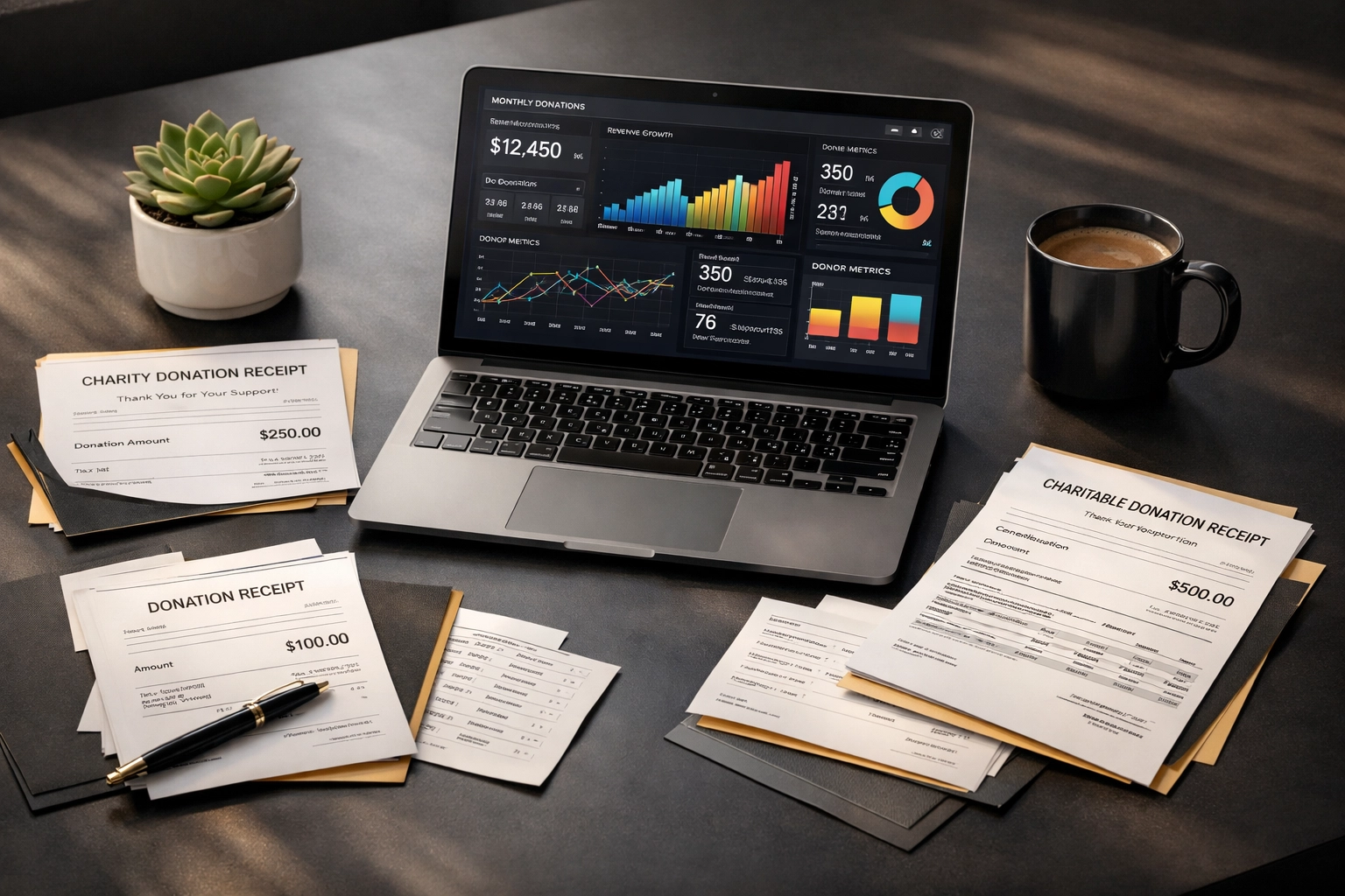 Charity financial planning with laptop displaying analytics and donation receipts on desk