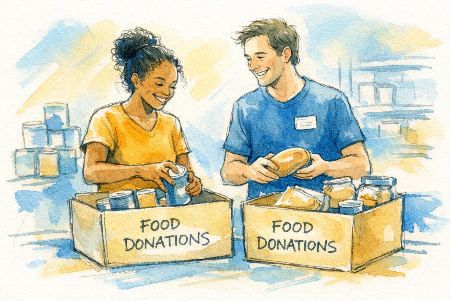 Church volunteers serving at community food bank sorting donation boxes together