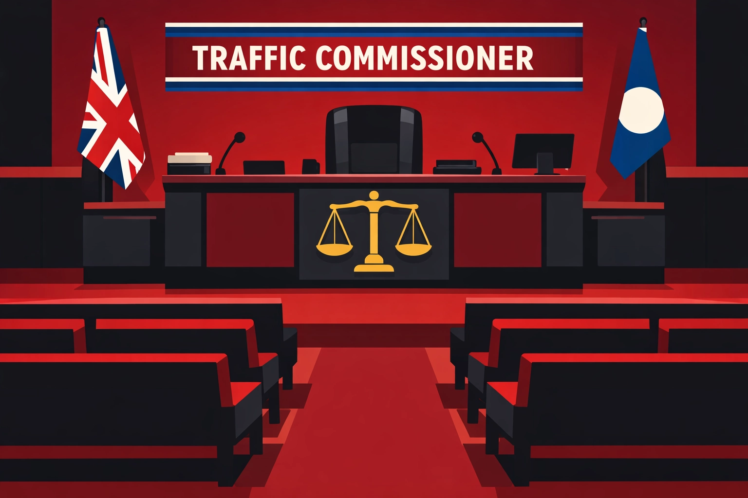 Traffic Commissioner public inquiry hearing room with scales of justice