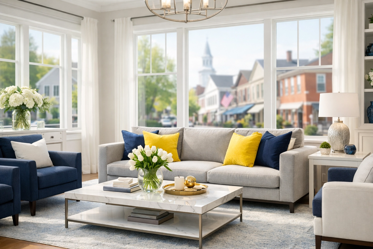 Clean, sun-filled living room in a Hudson home after a professional recurring house cleaning service.