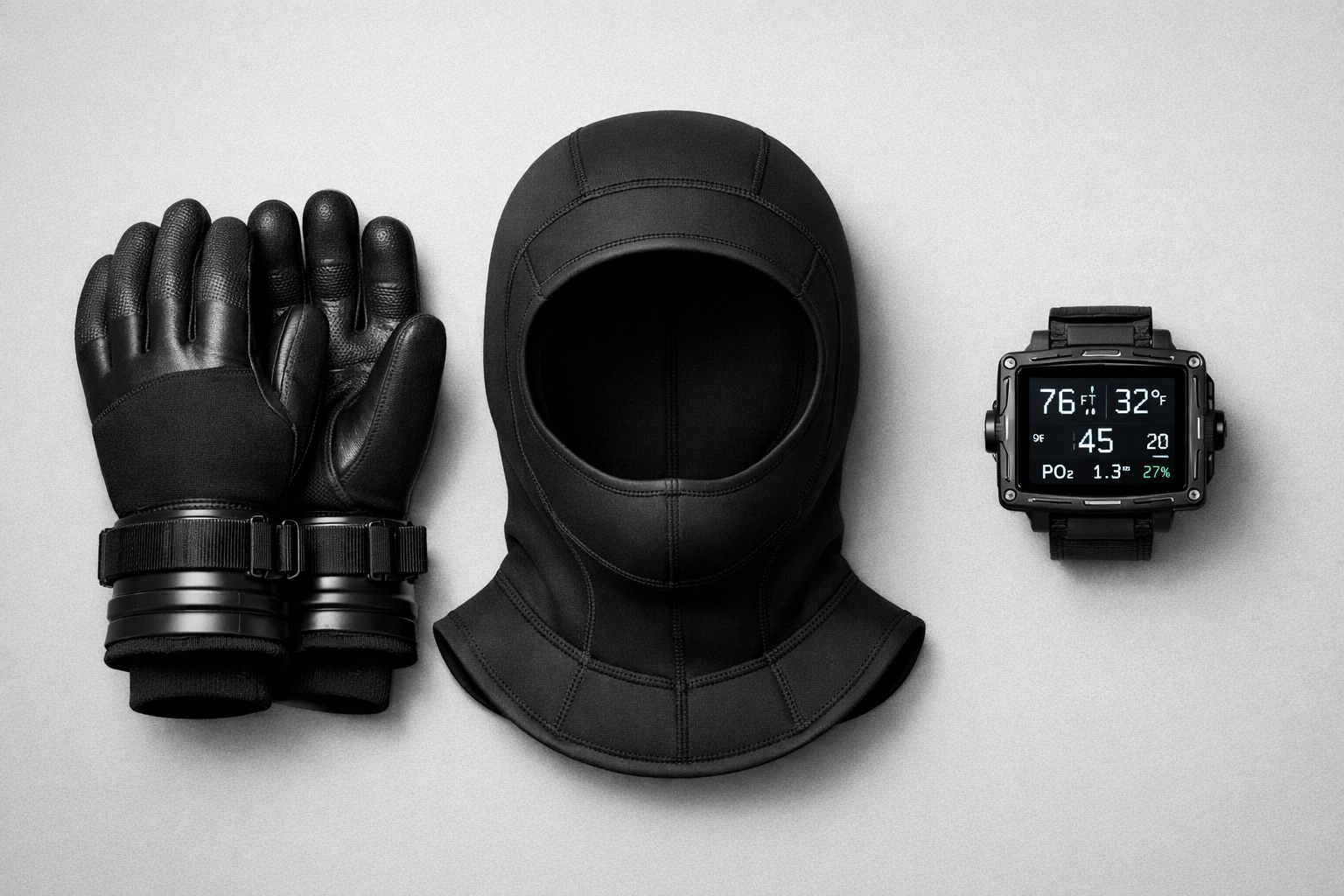 Kaltwasser-Tauchausrüstung Set mit Neoprenhaube, Handschuhen und Tauchcomputer für extreme Bedingungen.