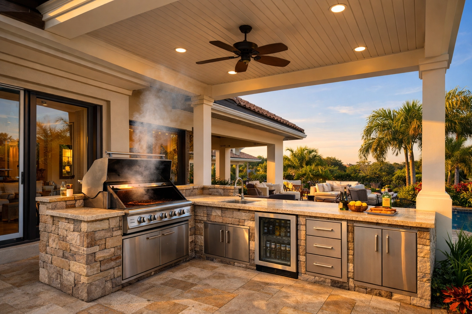 Well-planned outdoor kitchen layout showing proper positioning in Florida home backyard