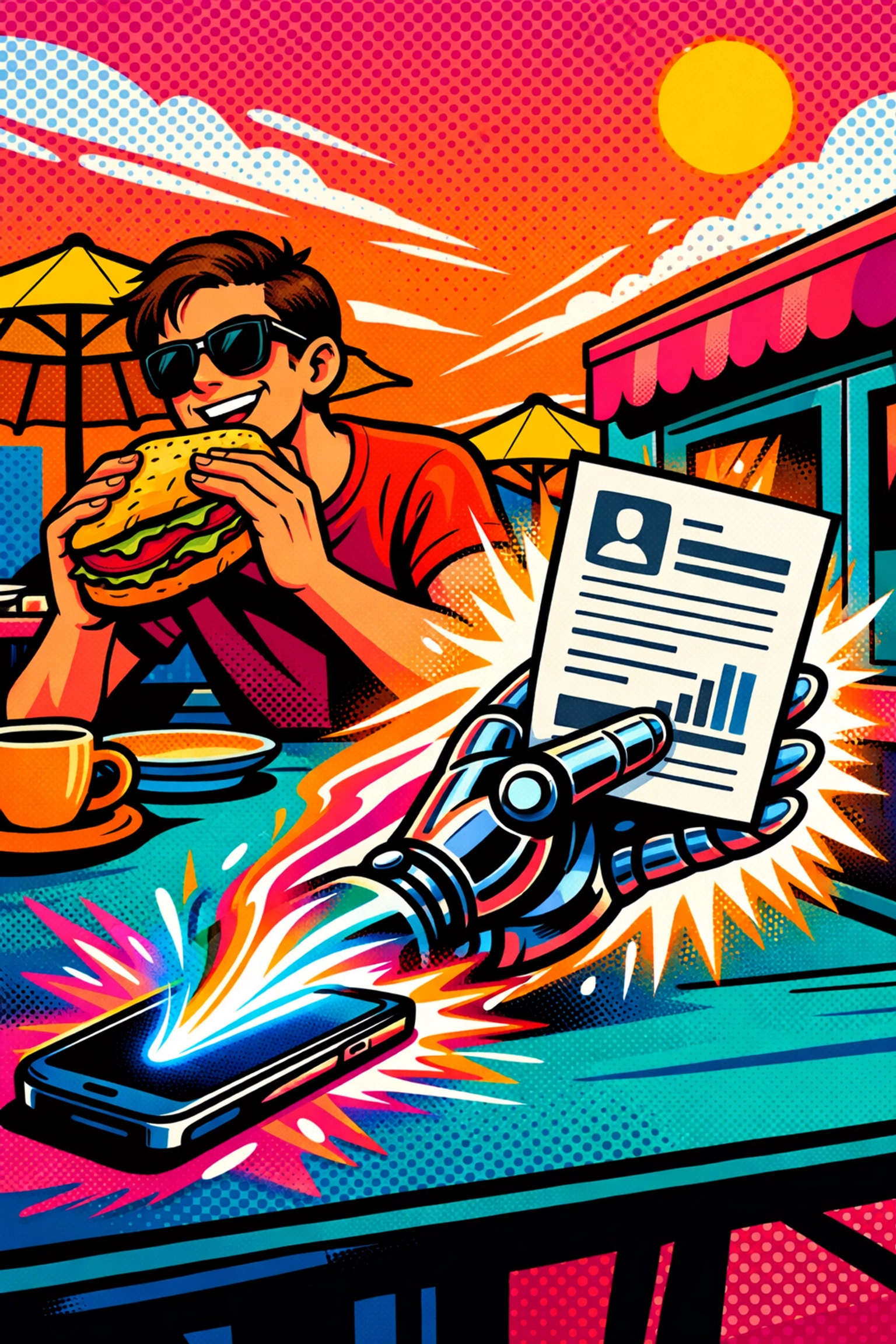 AI hand creating instant business documents at a cafe using professional business automation tools.