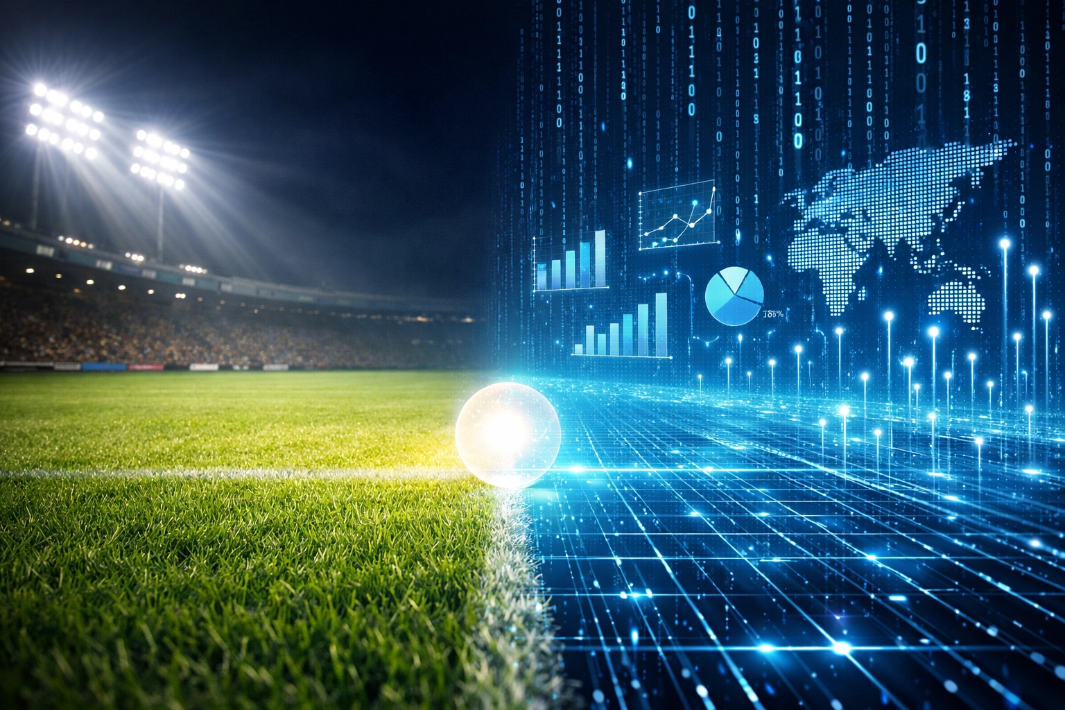 Digital data grid merging with a sports stadium to show AI sports betting statistics.