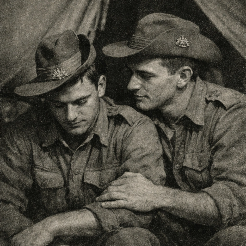 Historical black and white photo of two Australian WWII soldiers in an intimate moment, inspired by gay historical romance.