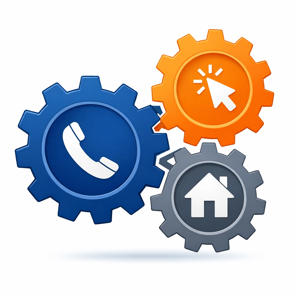 Integrated marketing gears showing the synchronization of LSA leads and PPC click conversion.
