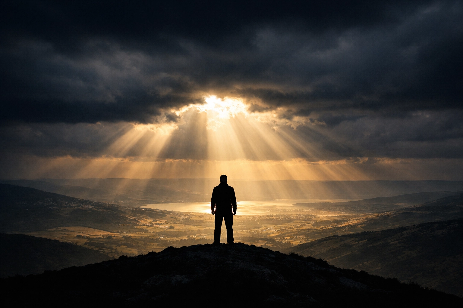 A silhouette overlooking the Galilee as sunlight breaks through storm clouds, representing intercession.