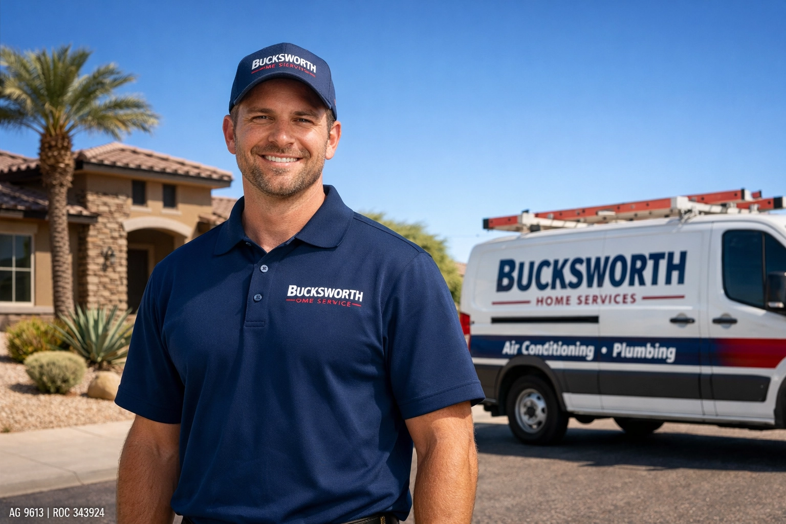 Bucksworth Home Services technician providing expert AC service in a Surprise AZ neighborhood.