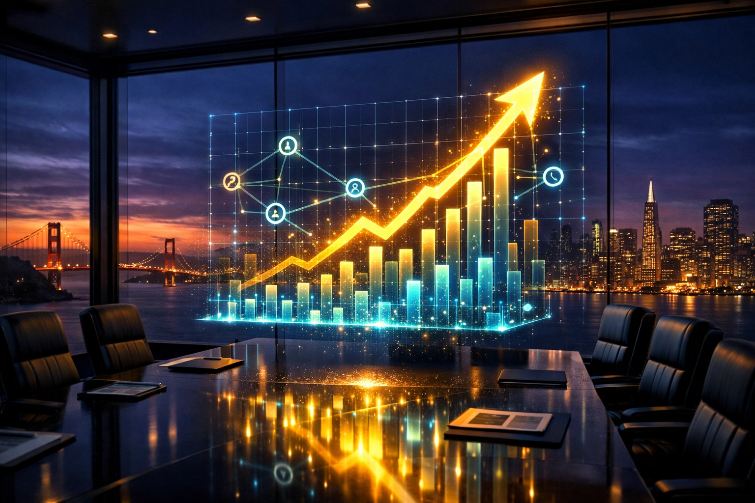 Holographic data visualization showing rising search rankings above a San Francisco skyline boardroom for SEO growth.