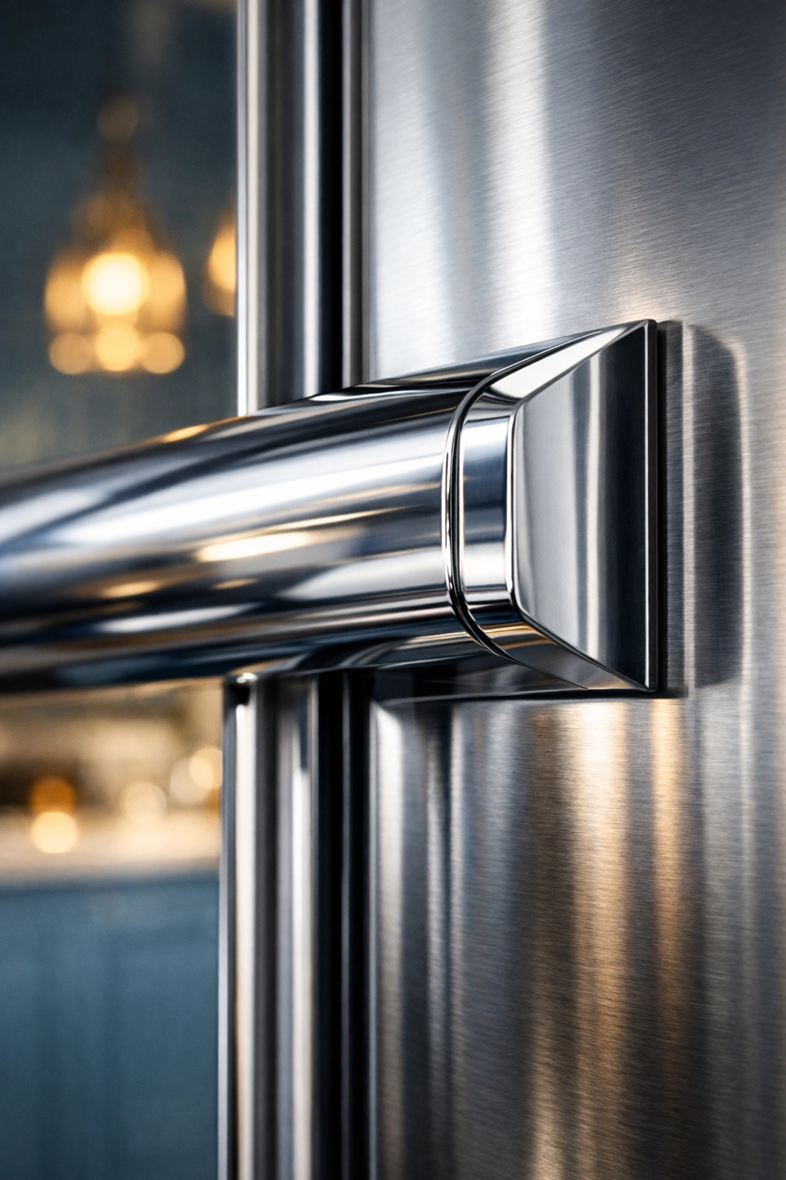 Close-up of a sanitized stainless steel refrigerator handle in a high-end luxury kitchen.