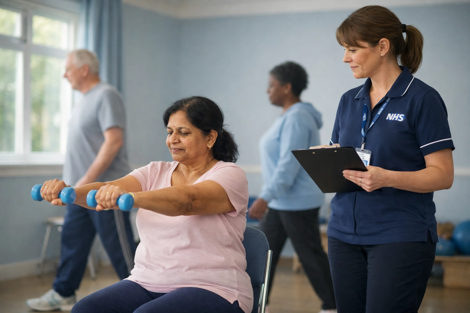 Patients participating in NHS pulmonary rehabilitation exercise session with physiotherapist supervision