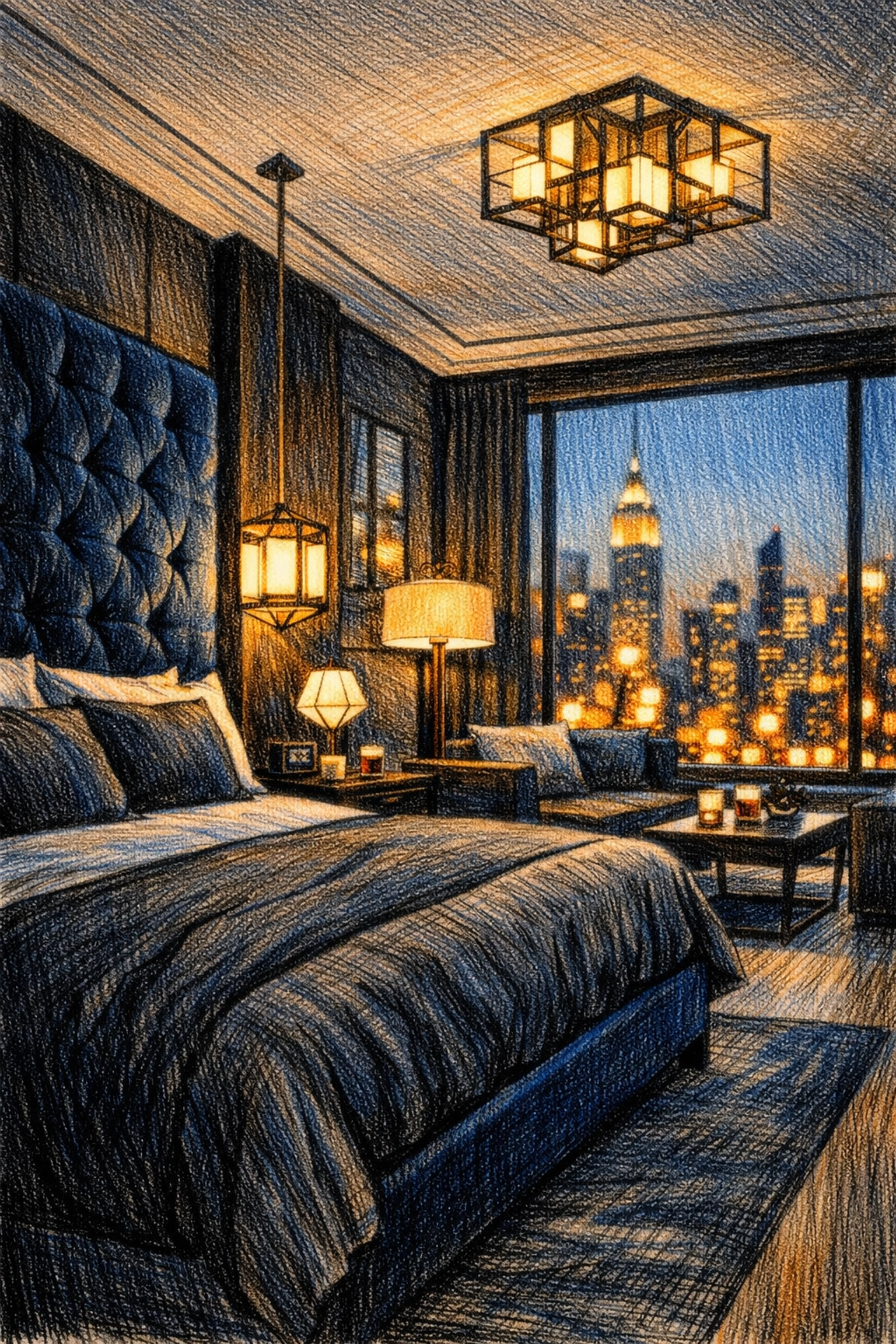 Luxury hospitality design in a New York hotel suite with a city view at dusk.