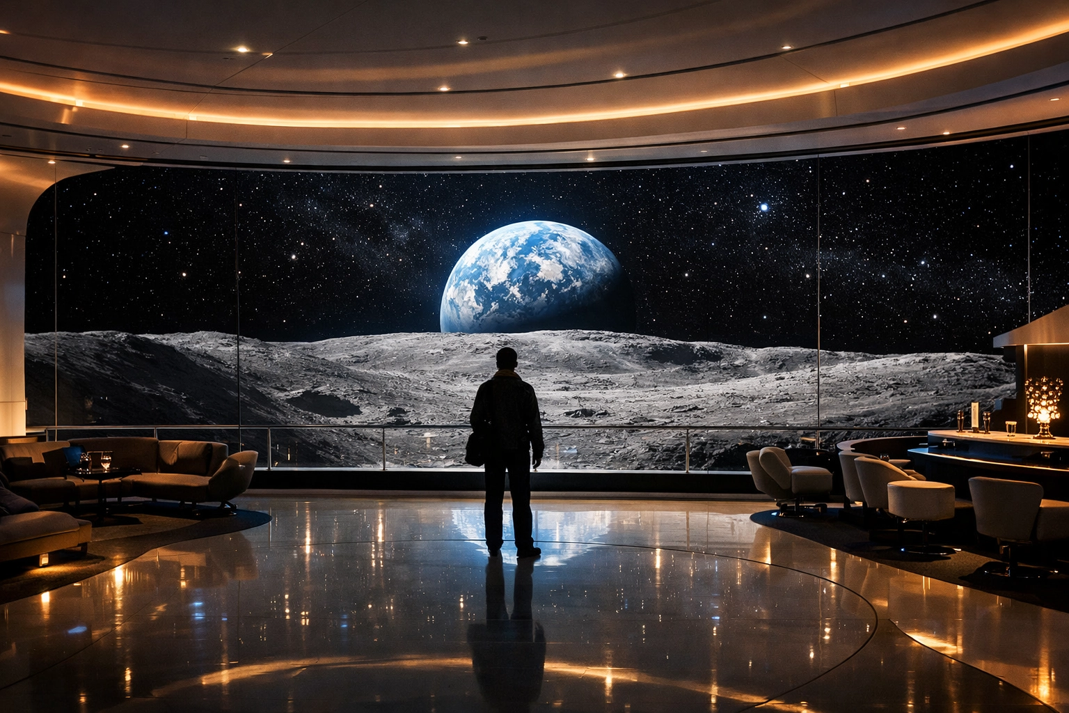 A luxury space tourism lounge orbiting the Moon with an Earth-rise view, showing the future of holidays in space.