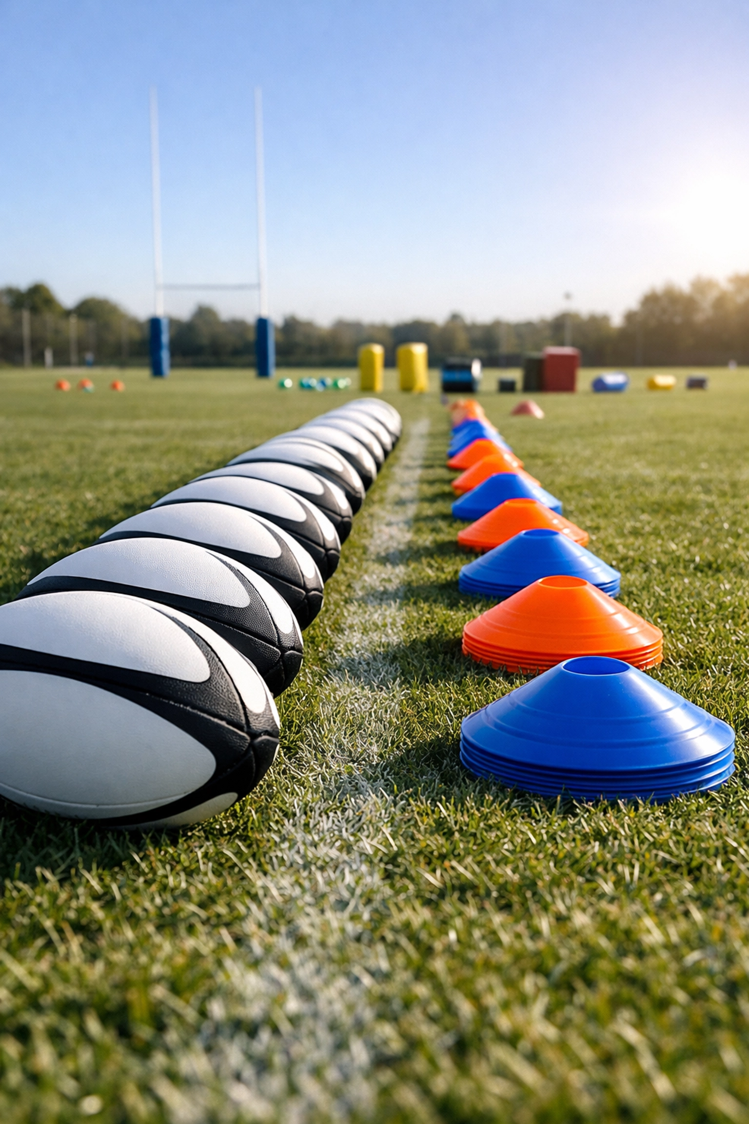 Organized rugby balls and training cones on a field, representing professional club coaching standards.