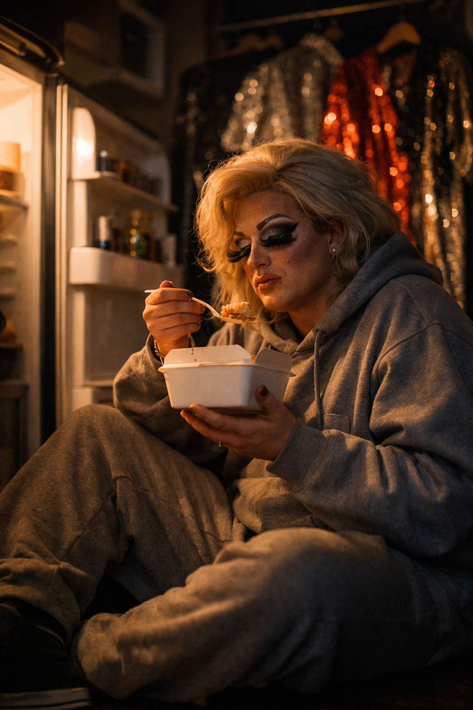 Drag queen eating late night takeout in kitchen after performance, casual clothes and stage makeup remnants