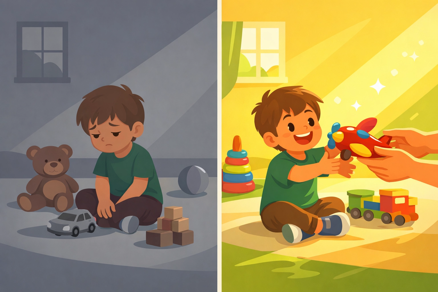 Child alone versus engaged with parent showing importance of connection in behavior therapy