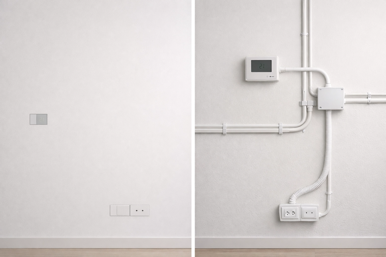 Comparison showing clean wall versus wall with surface-mounted cables and trunking
