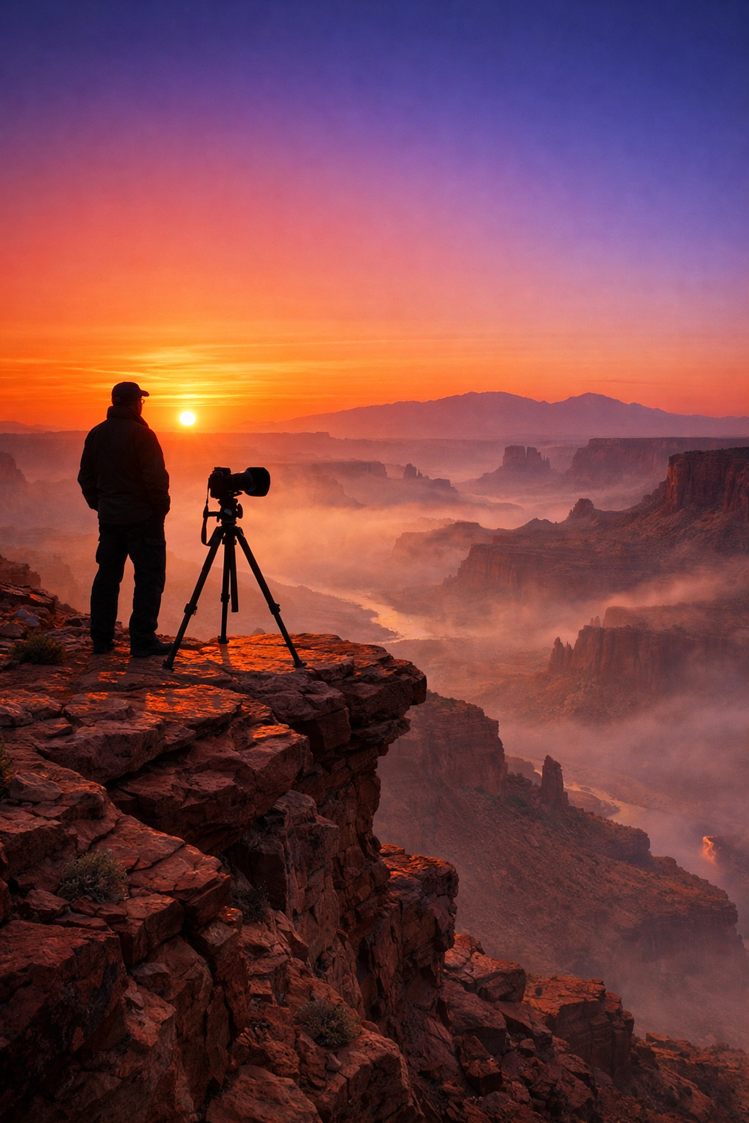 Professional camera gear on a tripod at sunrise overlooking a desert canyon during a photography road trip.