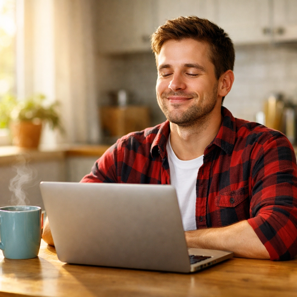 Man feeling relieved after applying for an instant payday loan in Canada online.