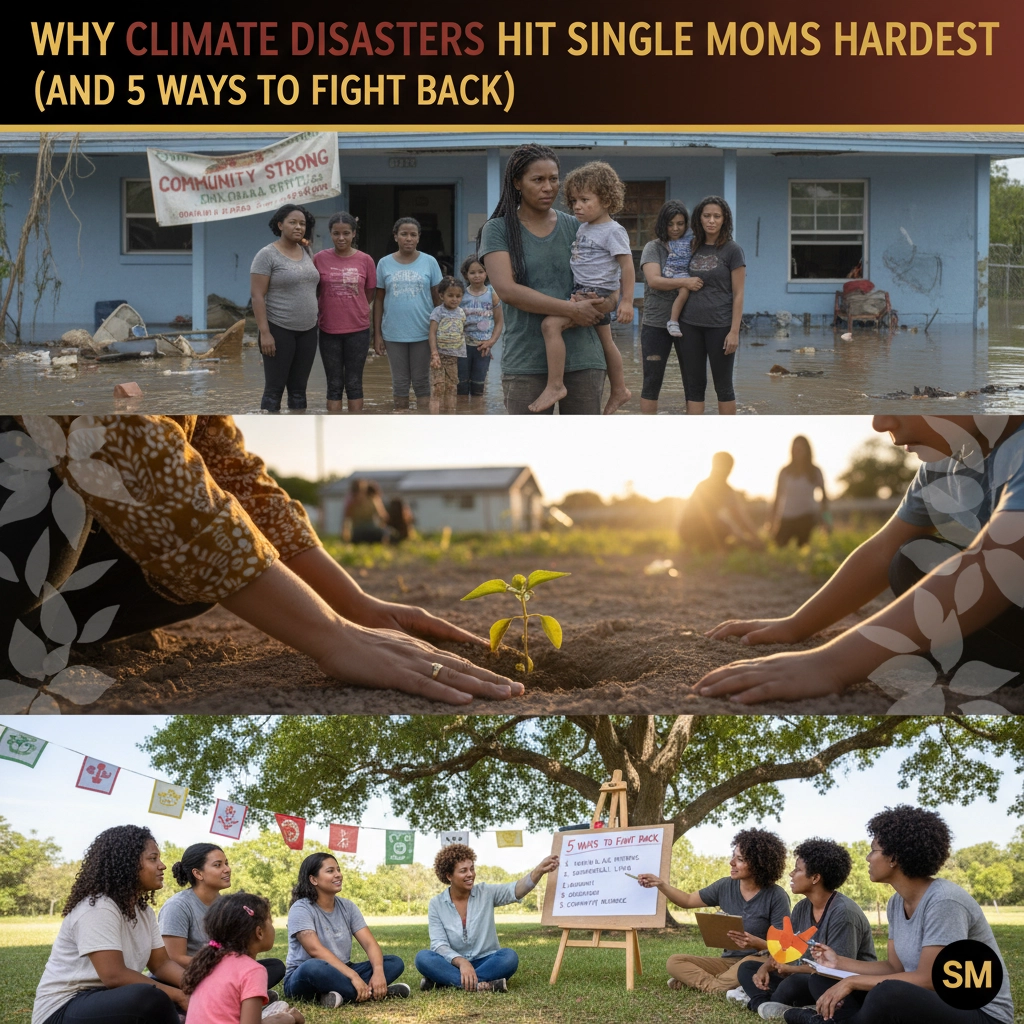 Picture with 3 images: top image shows a group of moms and their kids standing in floodwater with their damaged home behind them. The middle image shows the hands of two women planting in a sparse landscape; the bottom image is of a groups of women in a park talking with a easel behind them displaying a checklist.The Climate Crisis: Why Single Mothers Are More Vulnerable