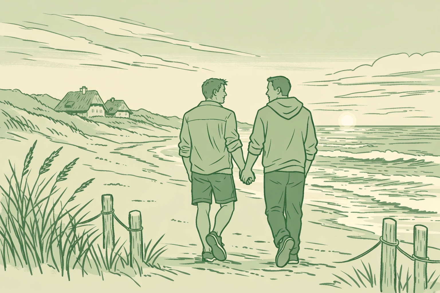 Two men holding hands walking on Sylt beach past traditional Frisian houses