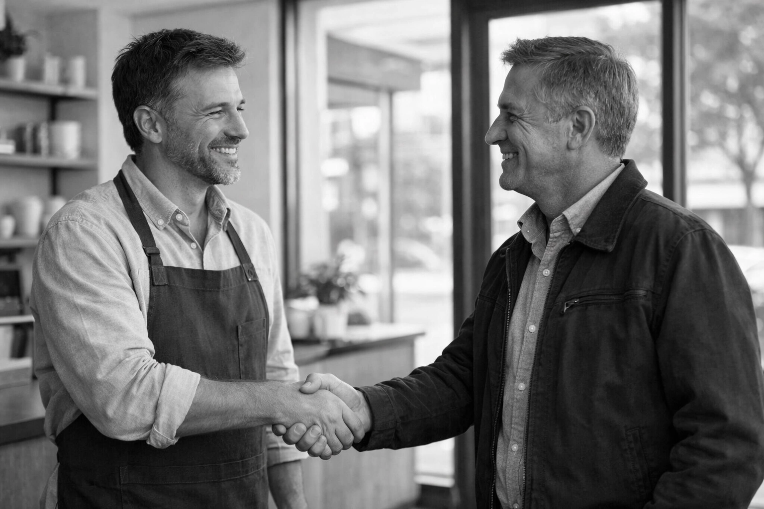 Small business owner shaking hands with satisfied customer building trust and credibility