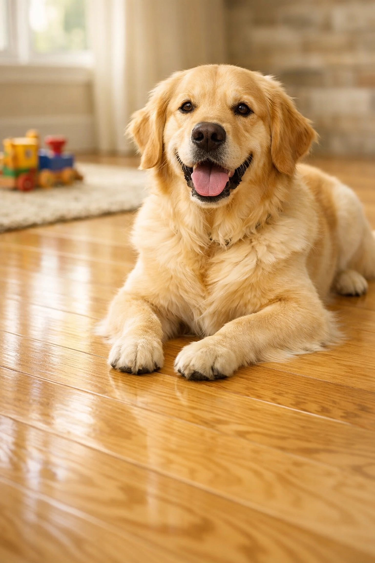 Golden Retriever on a spotless hardwood floor after pet-safe house cleaning services in Nanaimo.