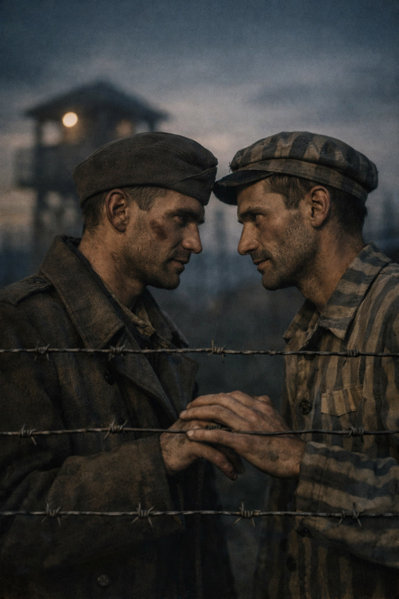 Two male POWs forming connection behind barbed wire fence in WWII camp