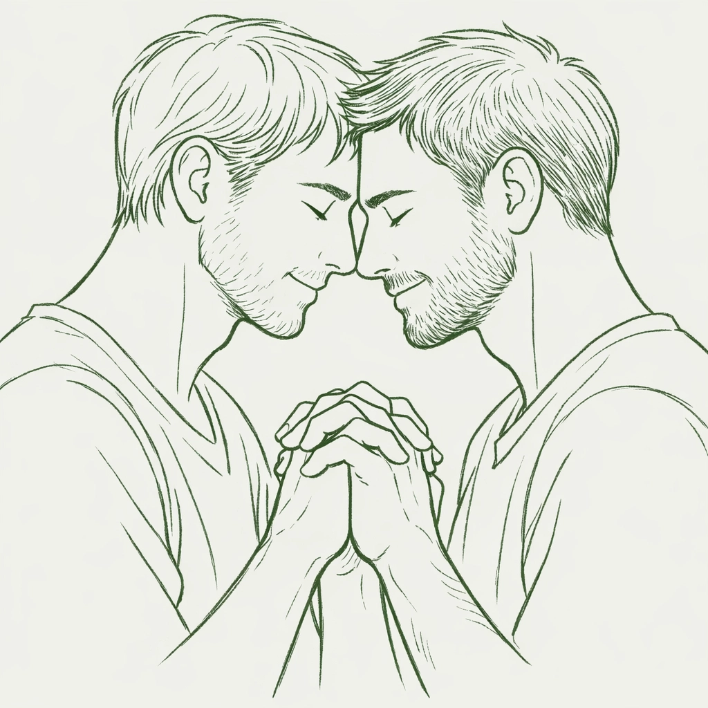 Intimate hand-drawn sketch of two men in a tender moment, capturing the emotional depth of an MM romance story.