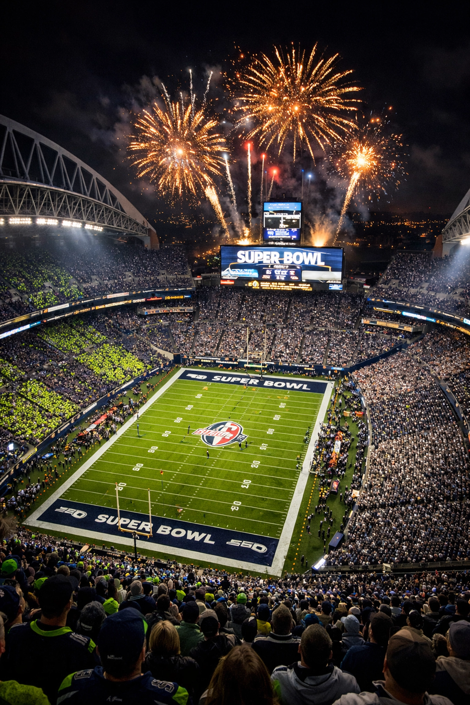 Super Bowl Stadion bei Nacht mit Fans und Feuerwerk - Rekordwettvolumen erwartet