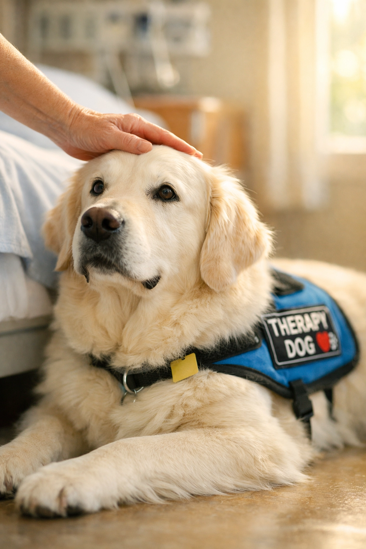 Therapy dog Golden Retriever providing emotional support in healthcare setting
