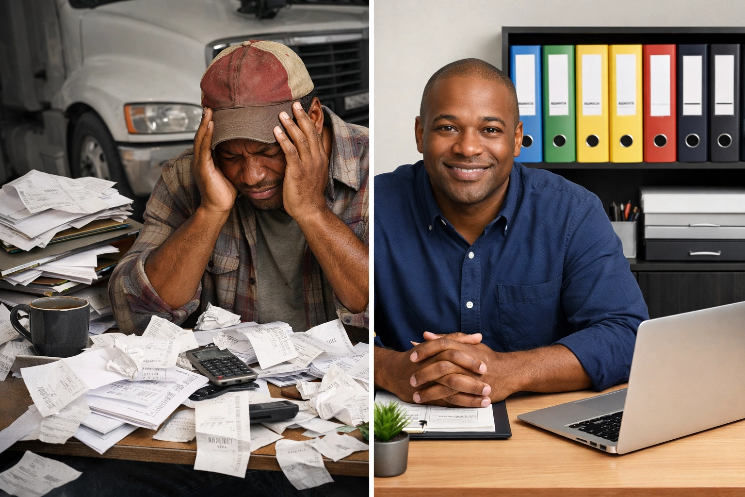Organized vs disorganized tax records showing proper trucking business management