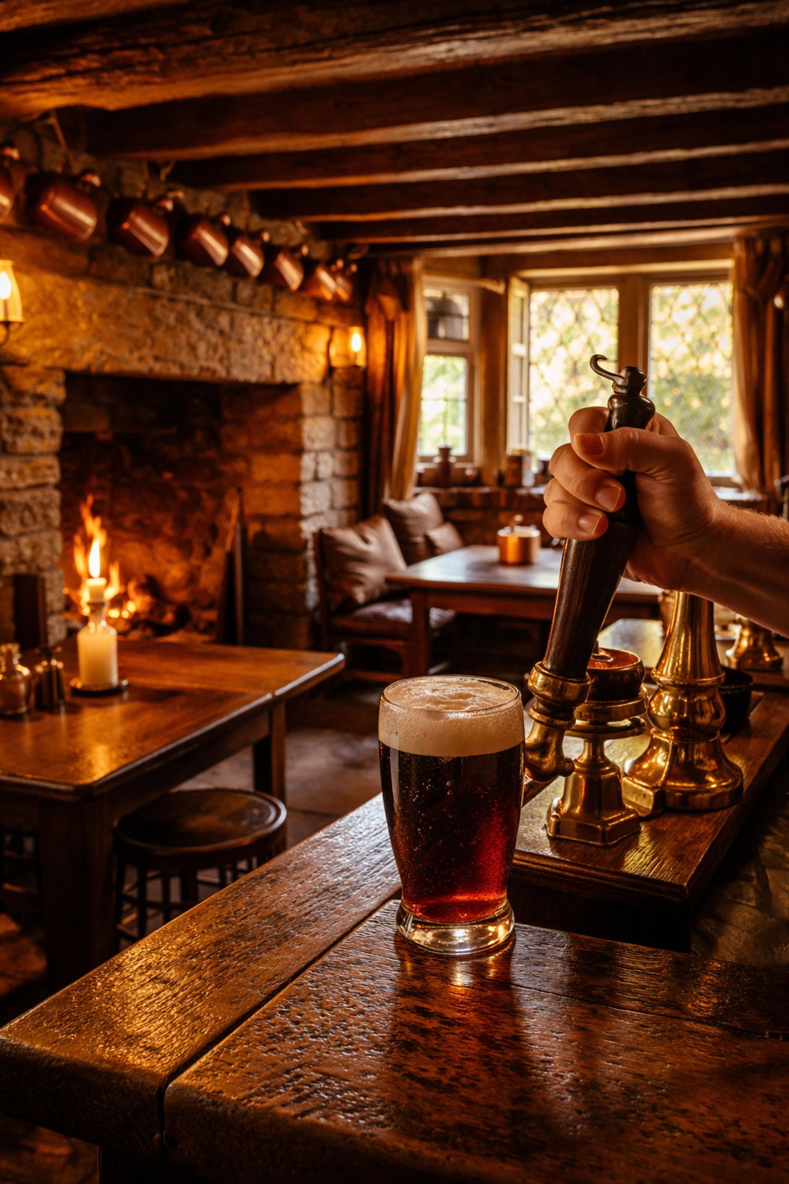 Interior of a traditional English pub in Stow-on-the-Wold, low ceiling and fireplace reflecting Cotswolds heritage.