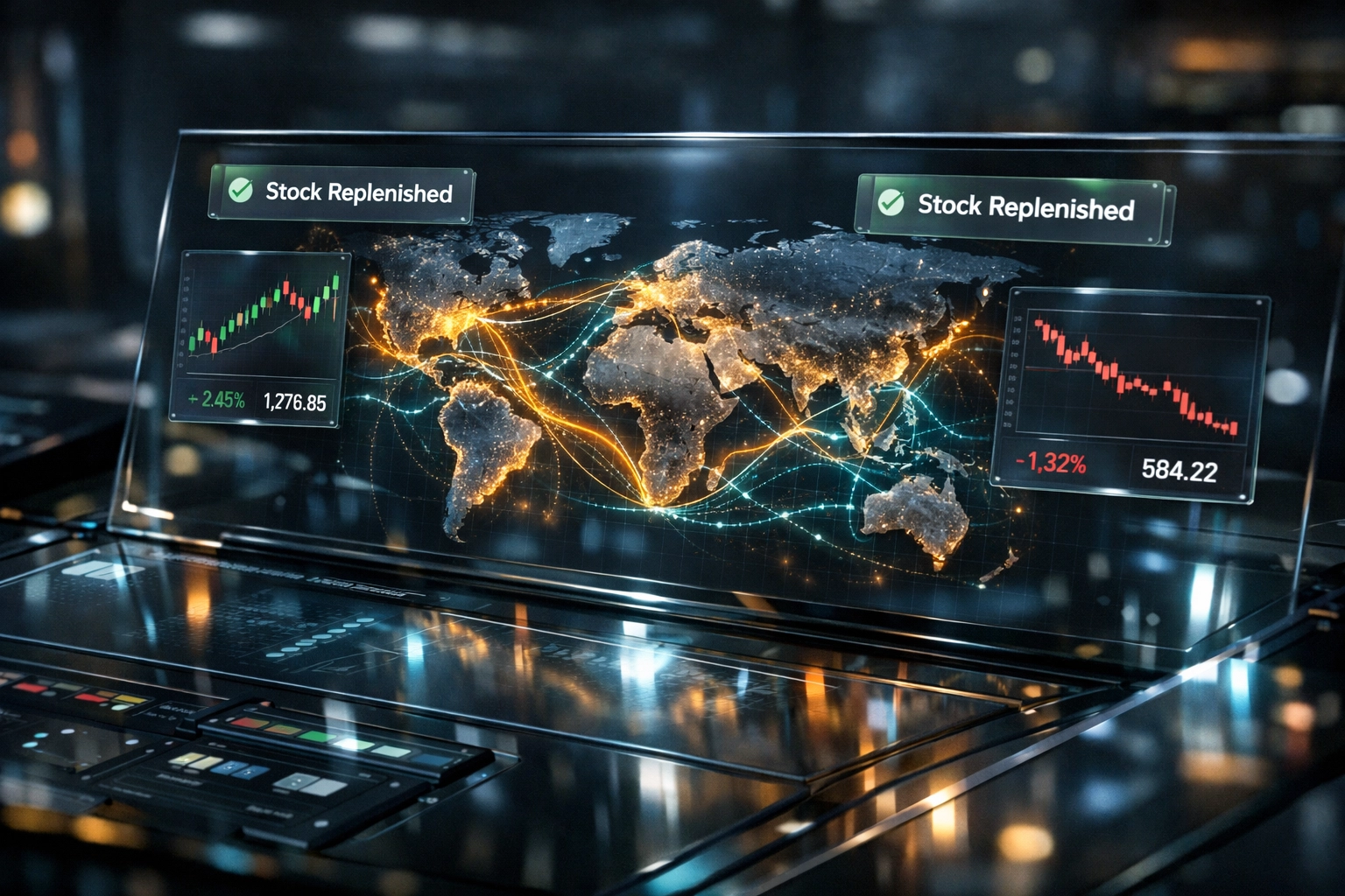 Digital interface showing global shipping lanes and automated procurement signals.