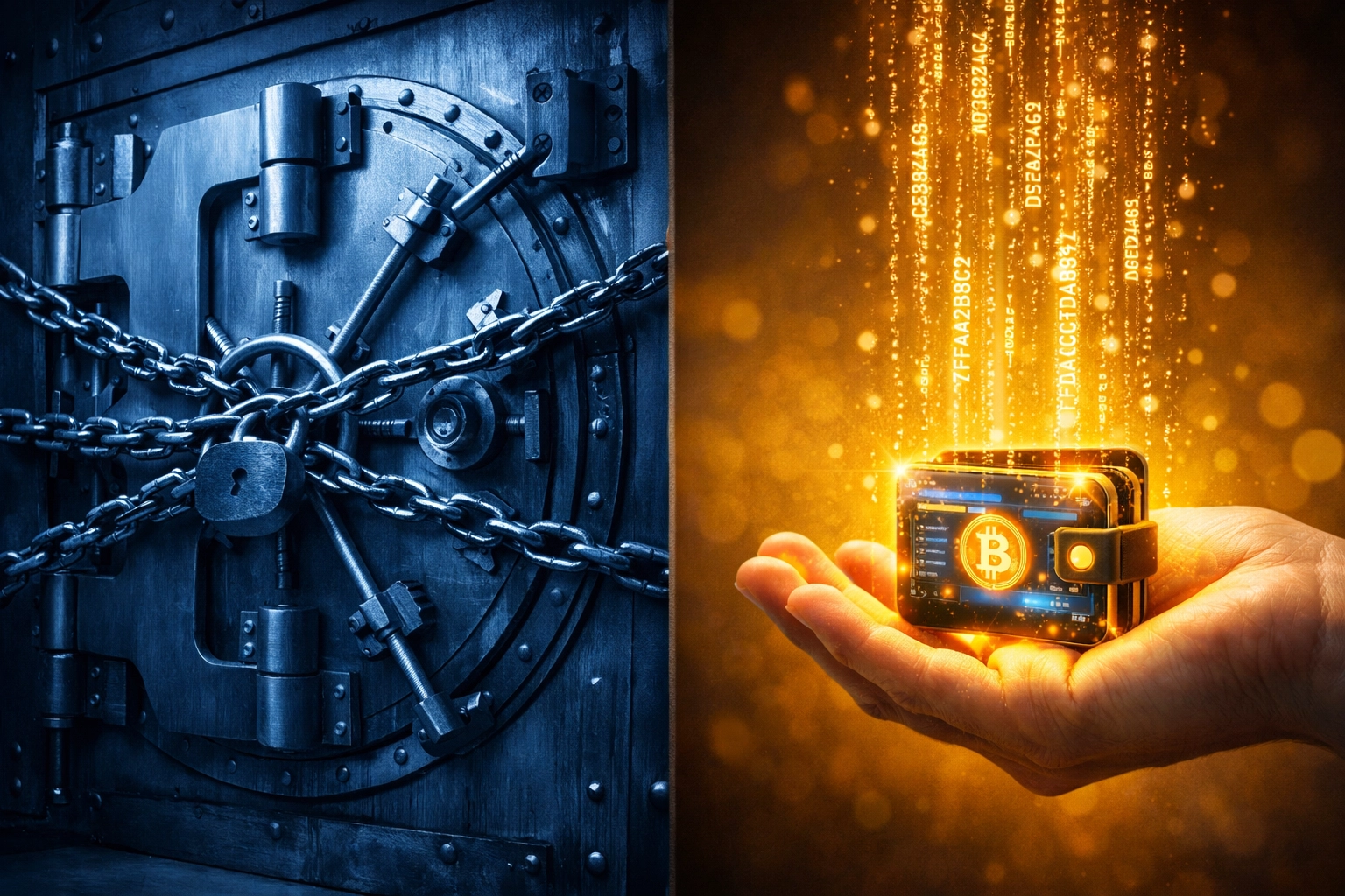 Self-custody crypto wallet versus traditional bank vault showing merchant financial independence